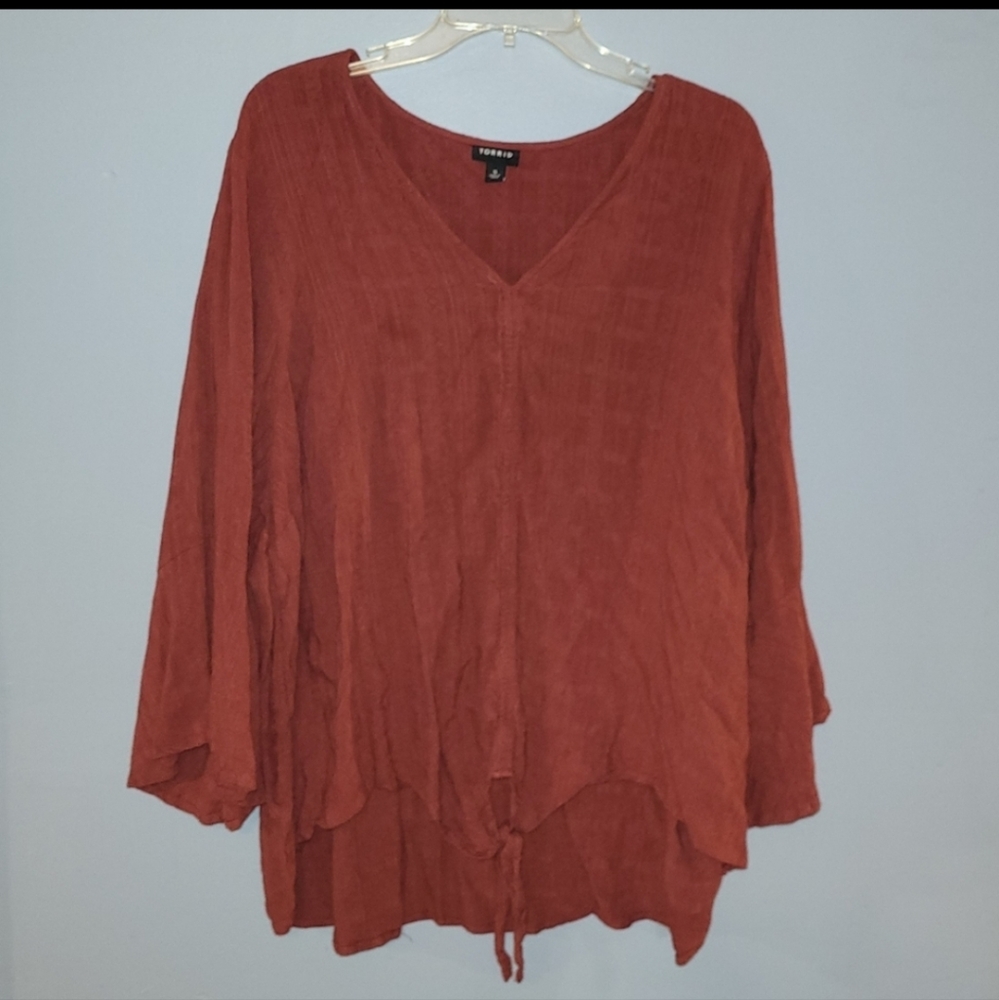 TORRID Brick Red Textured Tie Front Midi Blouse - Picture 9 of 9